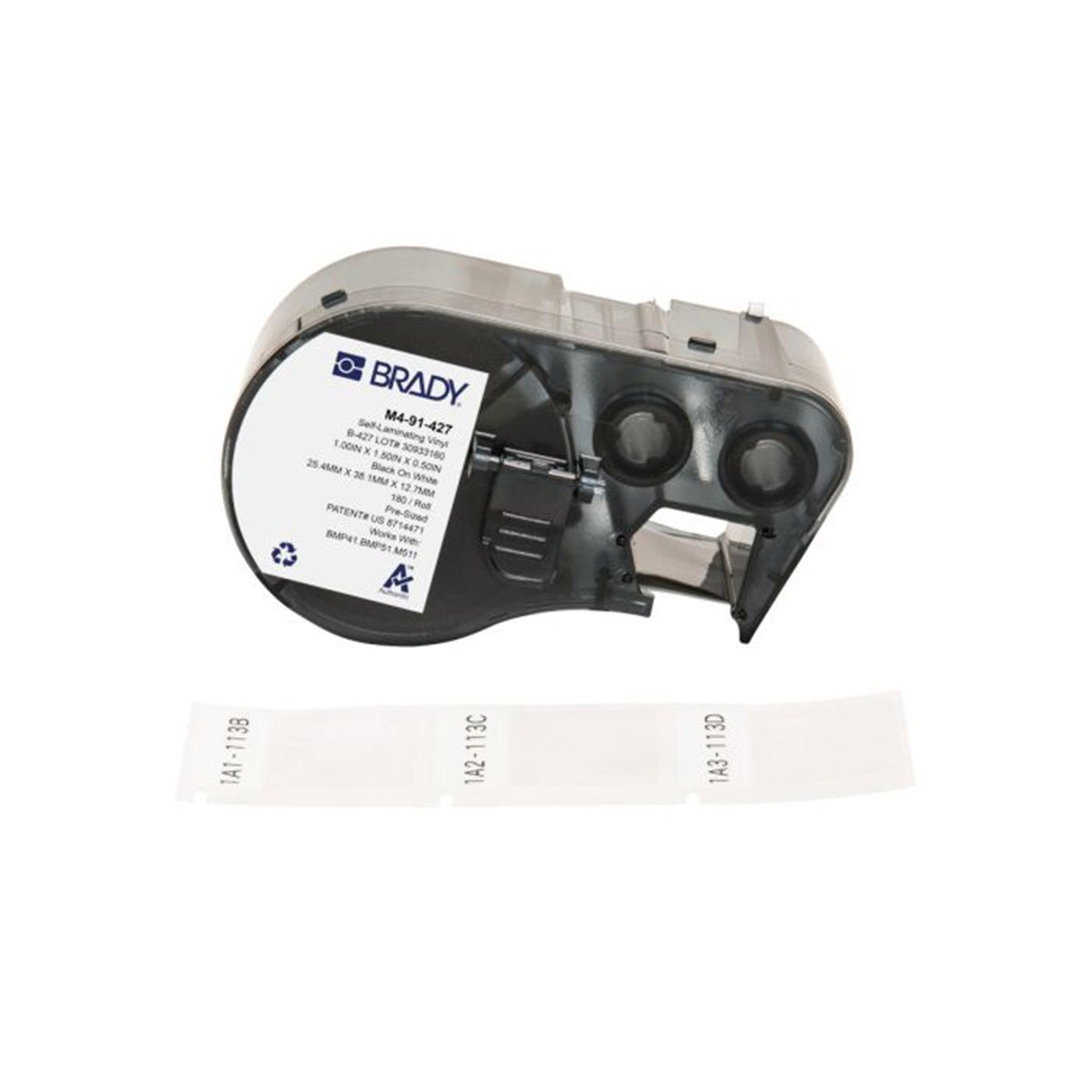 SELF-LAMINATING VINYL WRAP AROUND LABELS - 38.1MM (H) X 25.4MM (W) BLACK ON WHITE/CLEAR CARTRIDGE OF 180 | M4-91-427 — Brady