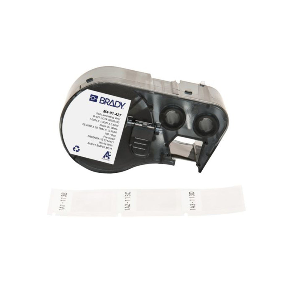 SELF-LAMINATING VINYL WRAP AROUND LABELS - 38.1MM (H) X 25.4MM (W) BLACK ON WHITE/CLEAR CARTRIDGE OF 180 | M4-91-427 — Brady