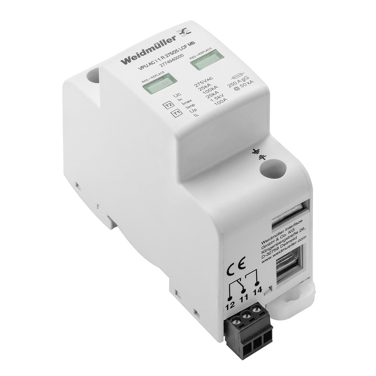 TYPE I LIGHTNING ARRESTER, SINGLE PHASE, REMOTE CONTACT, 275V 100KA - VPU AC I 1 R 275/100KA MB — Weidmuller