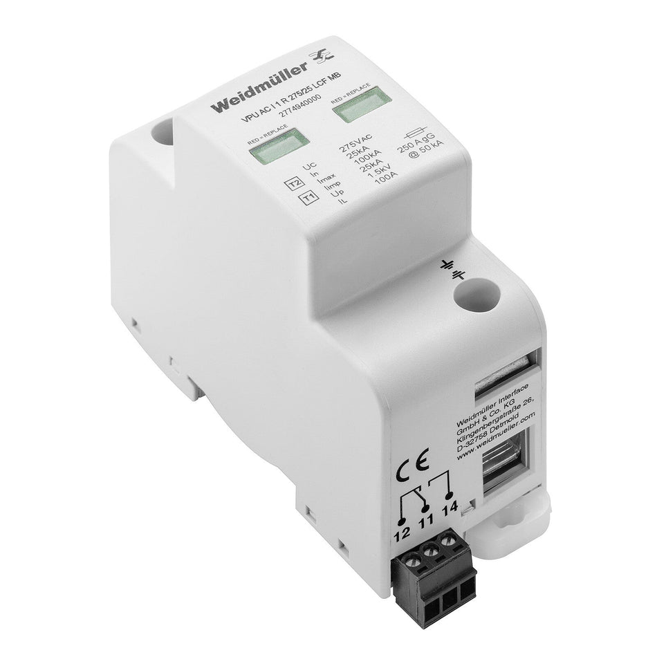 TYPE I LIGHTNING ARRESTER, SINGLE PHASE, REMOTE CONTACT, 275V 100KA - VPU AC I 1 R 275/100KA MB — Weidmuller