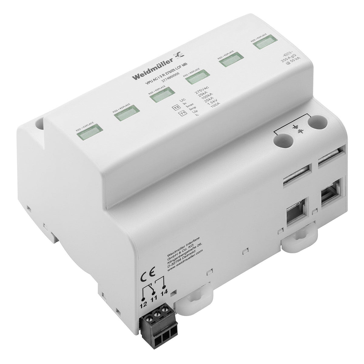 TYPE I LIGHTNING ARRESTER, 3 PHASE, LEAKAGE CURRENT FREE, REMOTE CONTACT, 275V 25KA - VPU AC I 3 R 275/25 LCF MB — Weidmuller