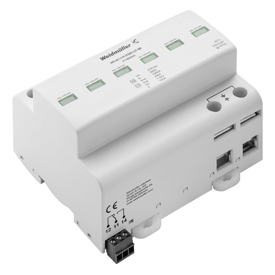 TYPE I LIGHTNING ARRESTER, 3 PHASE, LEAKAGE CURRENT FREE, REMOTE CONTACT, 275V 25KA - VPU AC I 3 R 275/25 LCF MB — Weidmuller