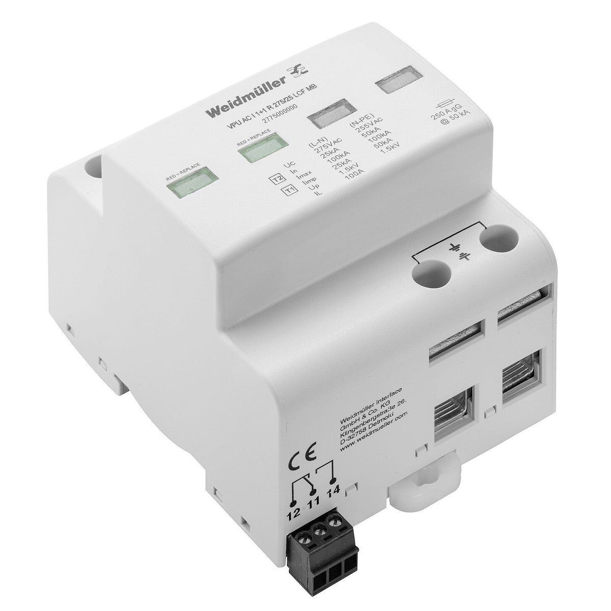 TYPE I LIGHTNING ARRESTER, SINGLE PHASE + NEUTRAL, LEAKAGE CURRENT FREE, REMOTE CONTACT, 275V 25KA - VPU AC I 1+1 R 275/25