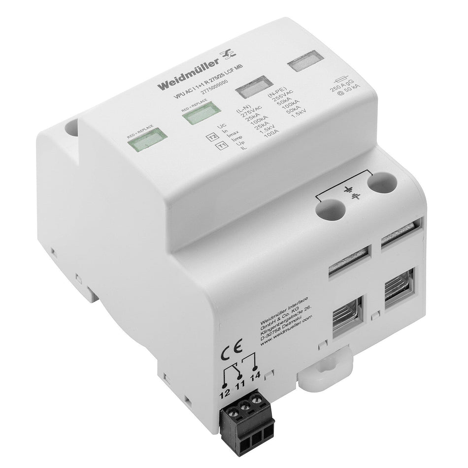 TYPE I LIGHTNING ARRESTER, SINGLE PHASE + NEUTRAL, LEAKAGE CURRENT FREE, REMOTE CONTACT, 275V 25KA - VPU AC I 1+1 R 275/25