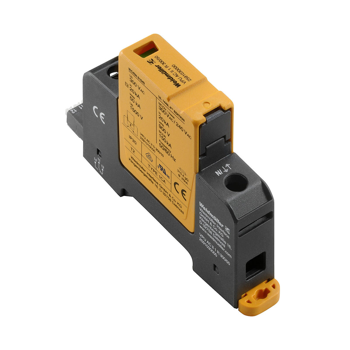 TYPE II SURGE ARRESTER WITH BUILT-IN FUSE, SINGLE PHASE, REMOTE CONTACT, 300V 40KA - VPU AC II F 1 R 300/40 — Weidmuller