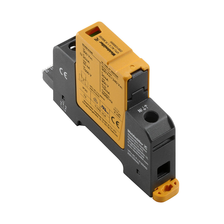TYPE II SURGE ARRESTER WITH BUILT-IN FUSE, SINGLE PHASE, REMOTE CONTACT, 300V 40KA - VPU AC II F 1 R 300/40 — Weidmuller