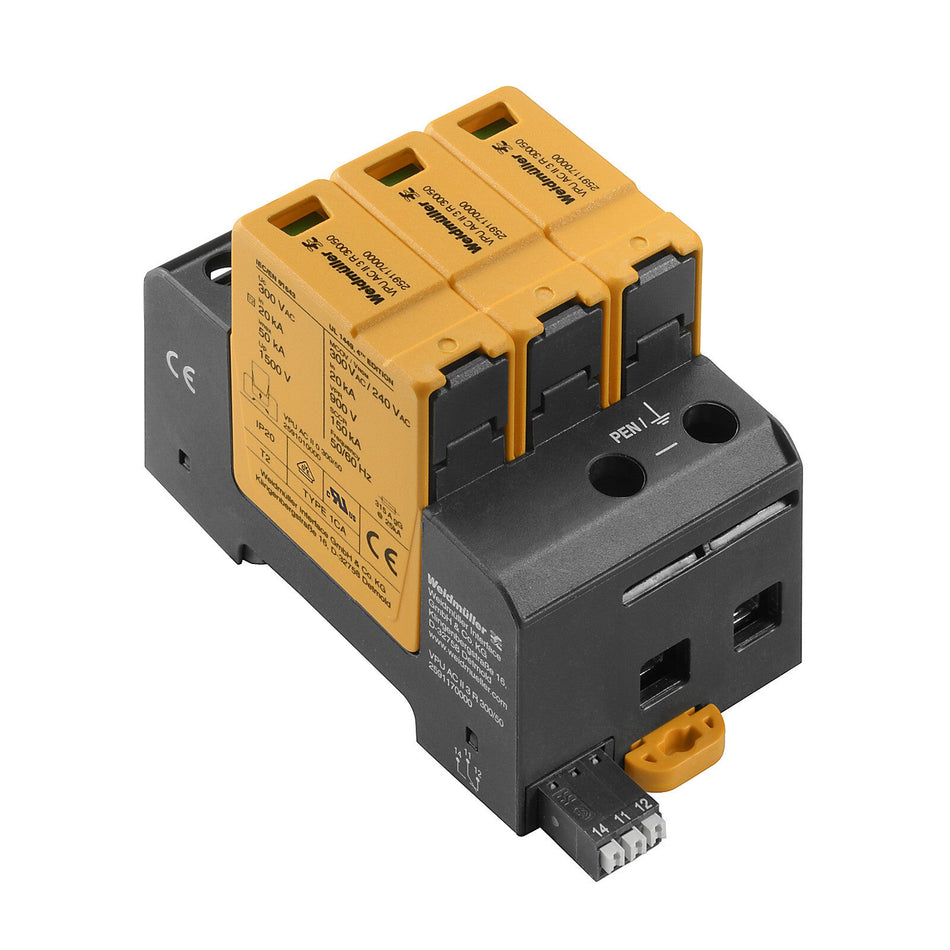 TYPE II SURGE ARRESTER WITH BUILT-IN FUSE, 3 PHASE, REMOTE CONTACT, 300V 40KA - VPU AC II F 3 R 300/40 — Weidmuller