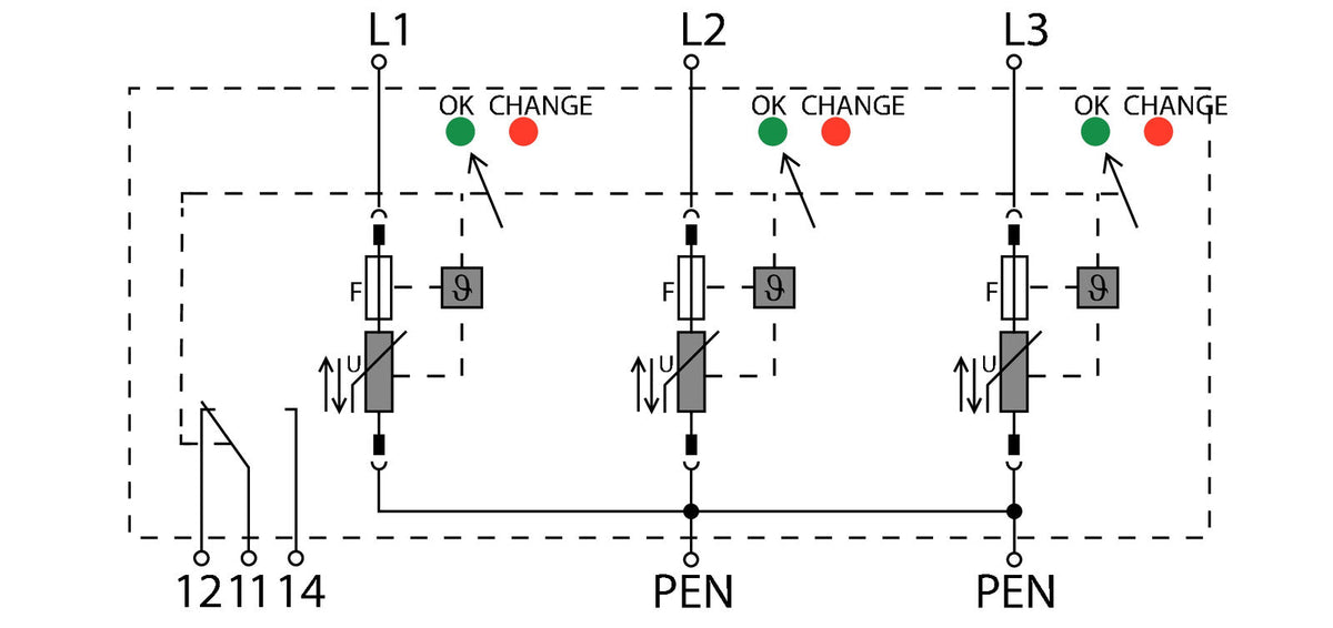 Type II Surge Arrester with Built-in Fuse, 3 Phase, Remote Contact, 300V 40kA - VPU AC II F 3 R 300/40 - figure 2