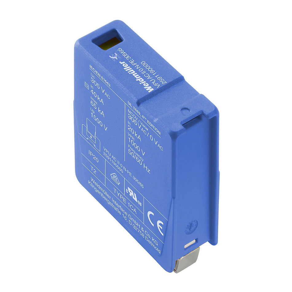 TYPE II SURGE ARRESTER WITH BUILT-IN FUSE, N-PE MODULE, 305V 65KA - VPU AC II F 0 N-PE 305/65 — Weidmuller
