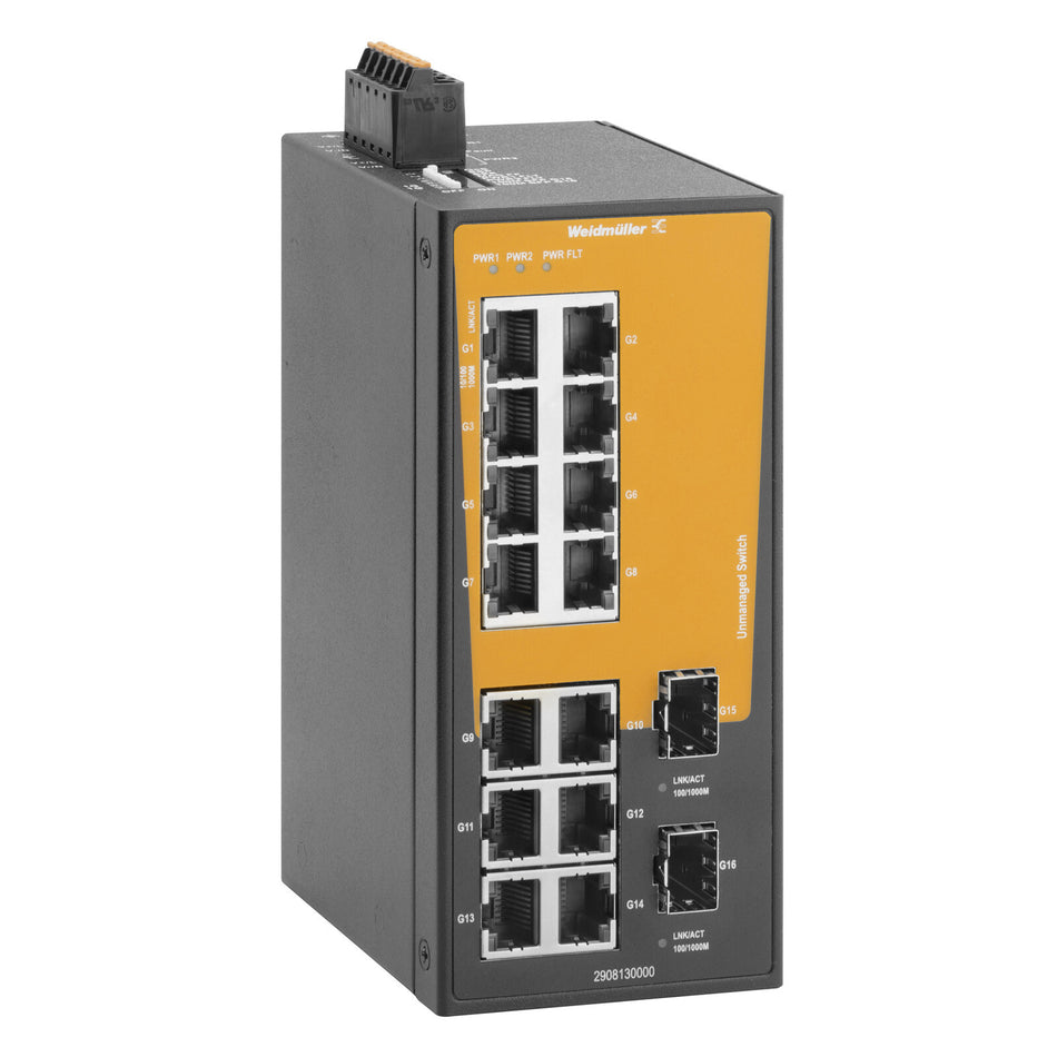 16 PORT (14 X RJ45, 2 X SFP SLOT) UNMANAGED NETWORK SWITCH, GIGABIT ETHERNET - IE-SW-BLB-16-14GT-2GESFP — Weidmuller
