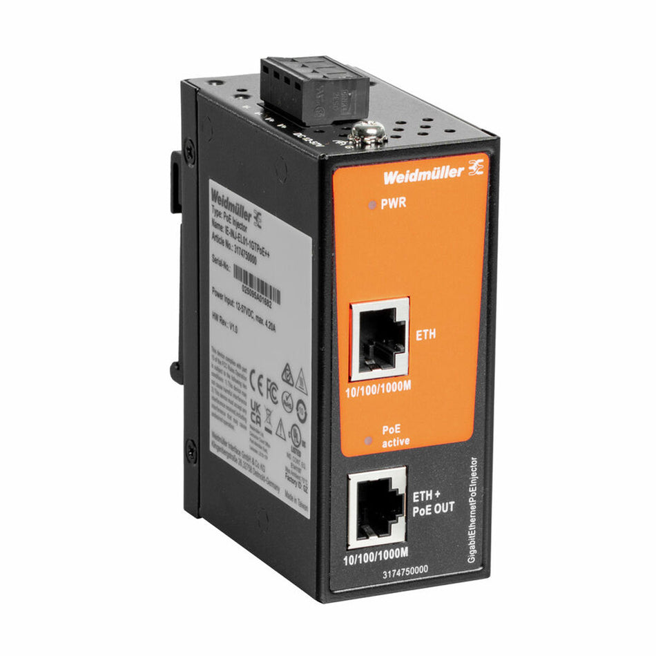 Industrial PoE++ Injector, Gigabit Ethernet - IE-INJ-EL01-1GTPOE++ — Weidmuller