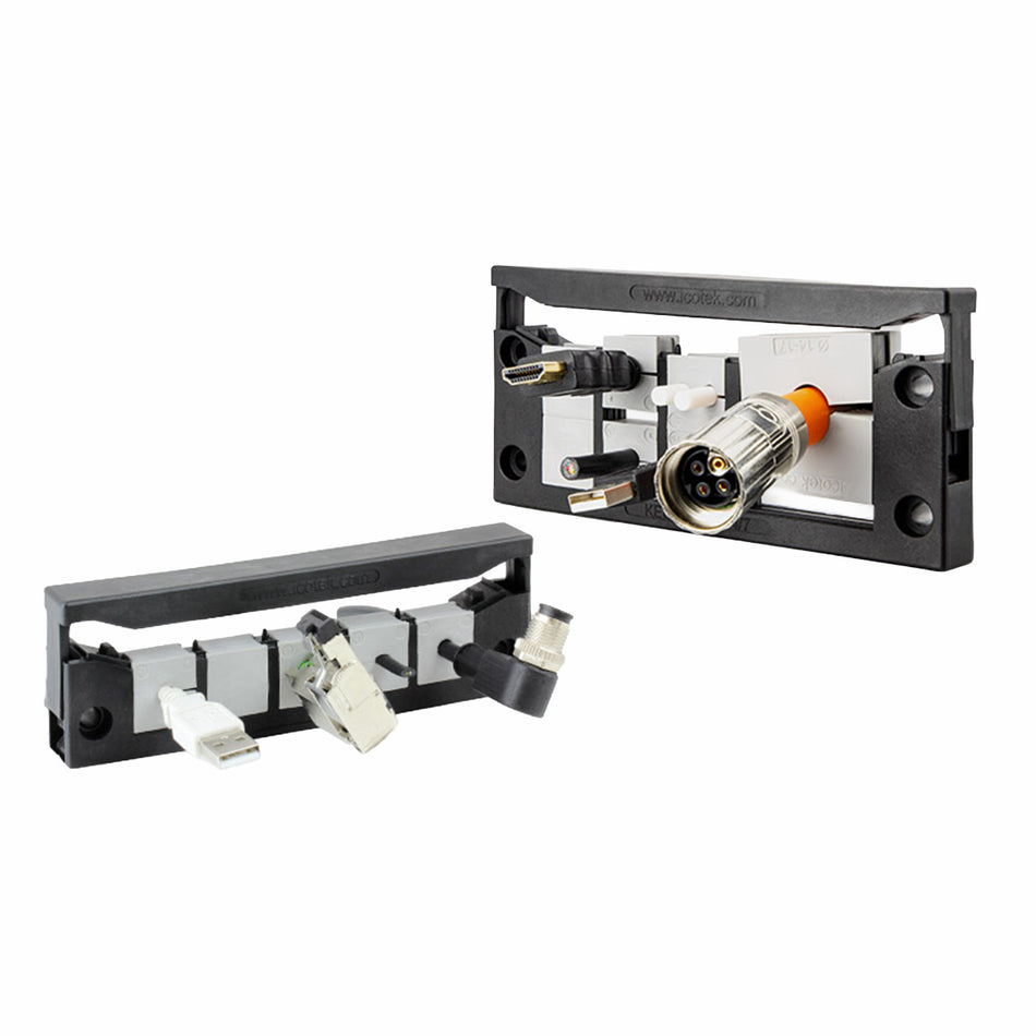 BLACK PLASTIC SPLIT CABLE ENTRY FRAME FOR 8 X QT SMALL GROMMETS (UP TO 15MM CABLES) - KEL-QUICK 16|8 — Icotek