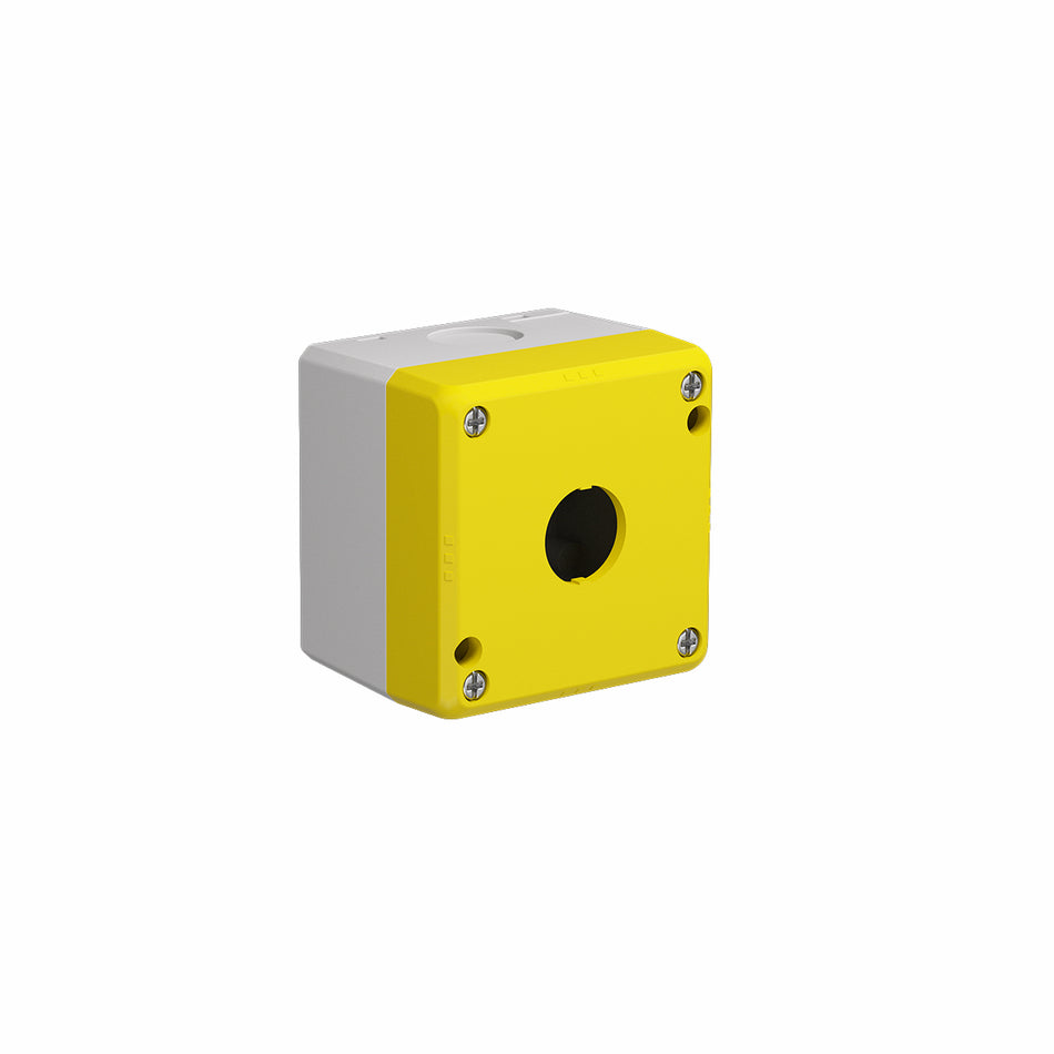 1-Hole Pushbutton Enclosure, Yellow Top Cover + Grey Base — Telergon