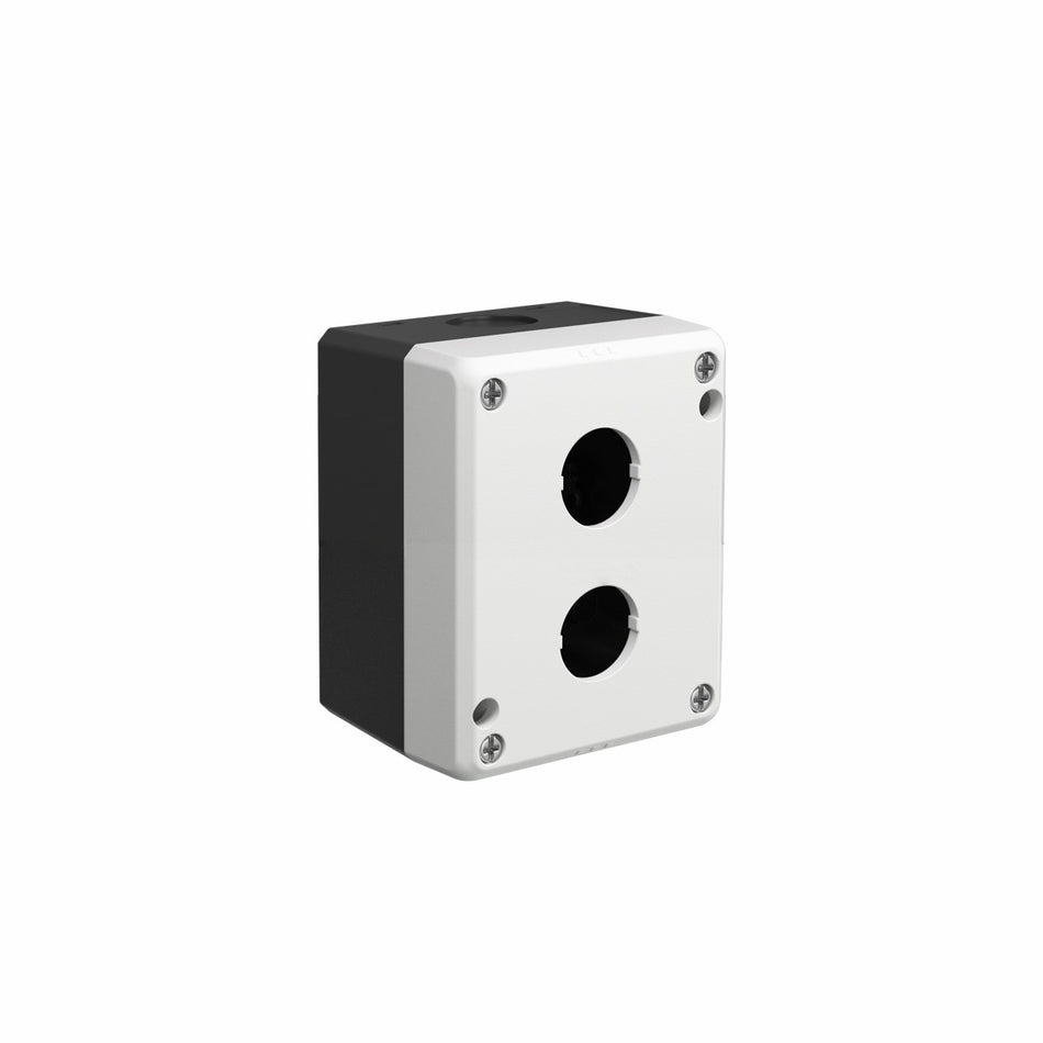 2-Hole Pushbutton Enclosure, Grey Top Cover + Black Base — Telergon