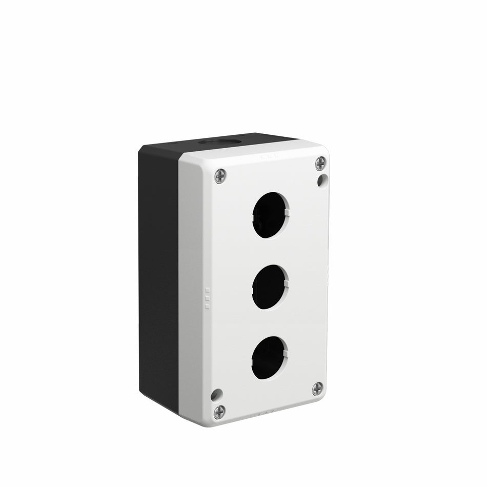 3-Hole Pushbutton Enclosure, Grey Top Cover + Black Base — Telergon