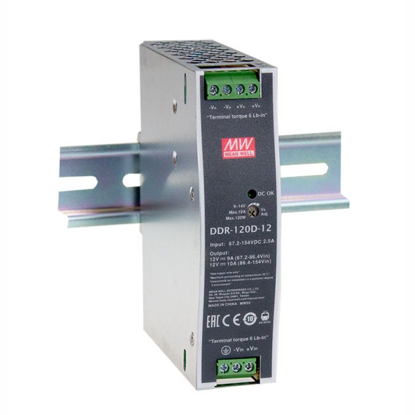 DC/DC Converter 16-33VDC Input, 12VDC Output 120W 10A Din Mount — Mean Well