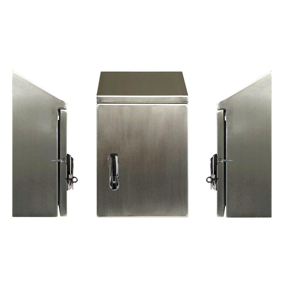 316 Stainless Steel Sloping Roof Electrical Enclosure with Padlockable Handle 400H x 300W x 200D IP65 — TRO Assemblies