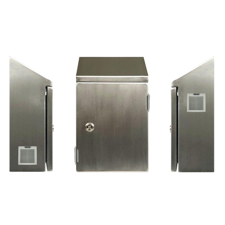 316 Stainless Steel Sloping Roof Electrical Enclosure with Vents 600H x 400W x 250D IP54 — TRO Assemblies