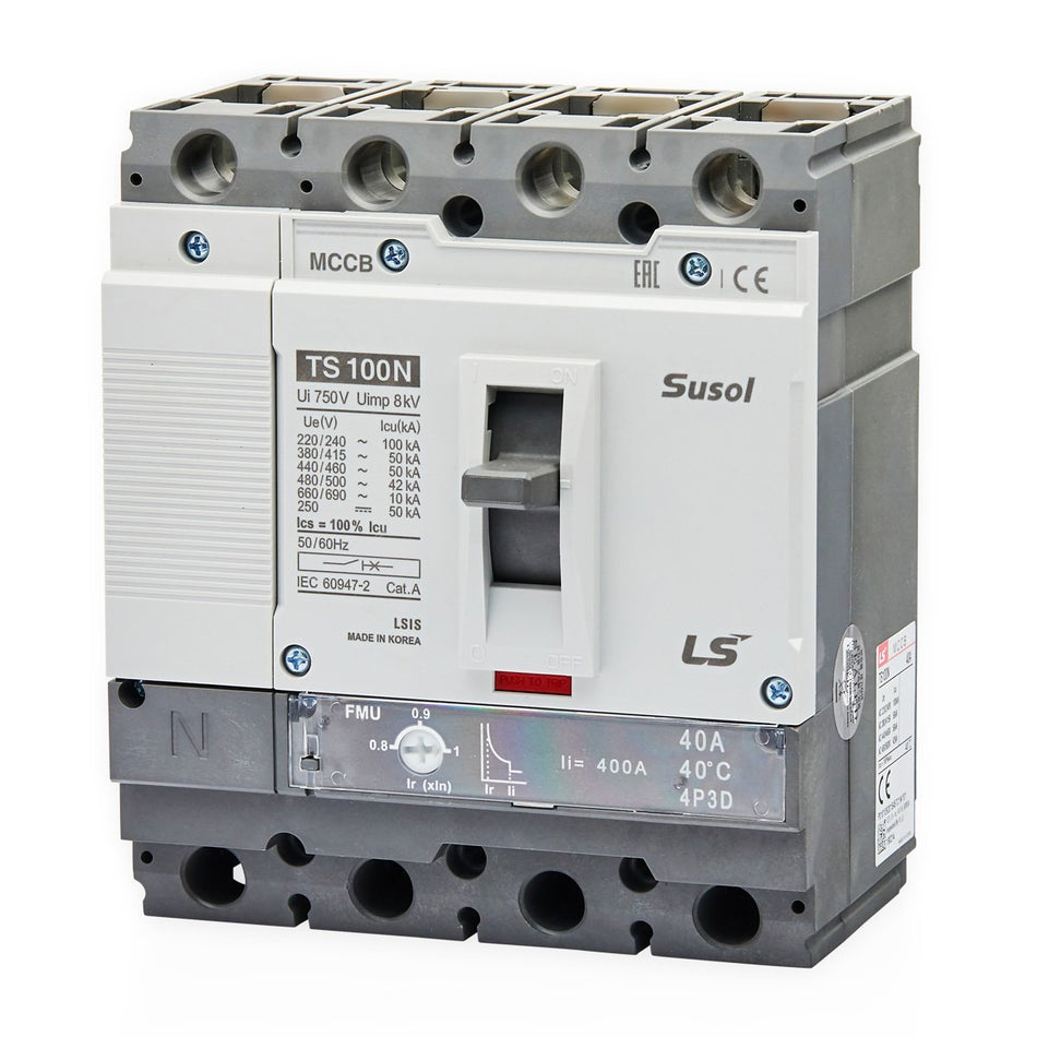 TS100N FMU 100A 4P3D L | LS Susol 50kA MCCB Fixed Magnetic Trip 80-100A 4 Pole — LS Electric