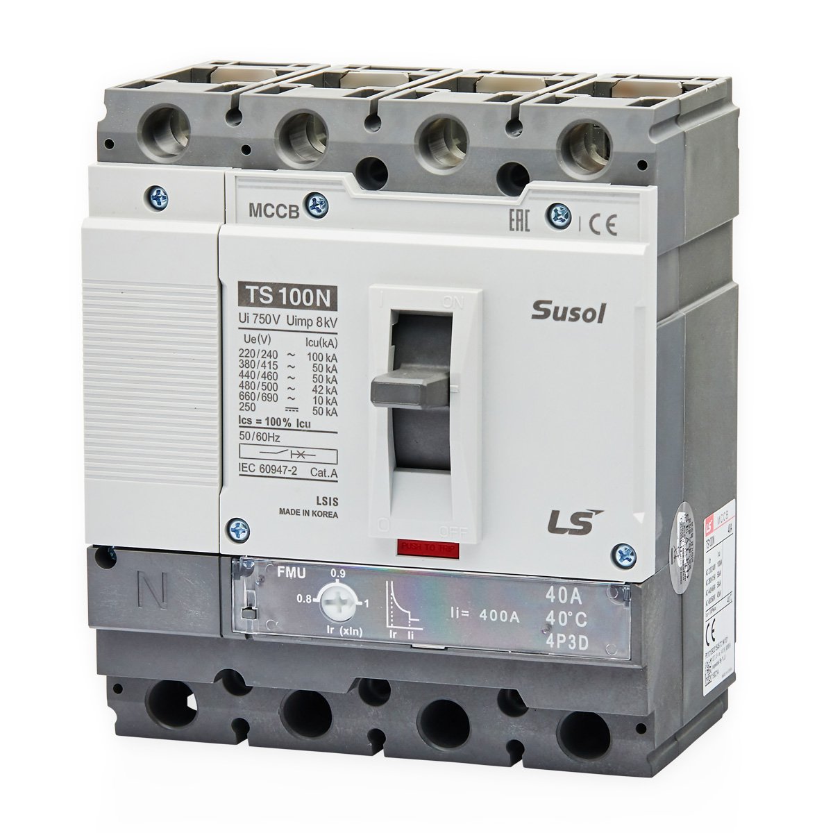 TS160H FMU 100A 4P3D L | LS Susol 85kA MCCB Fixed Magnetic Trip 80-100A 4 Pole — LS Electric