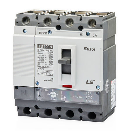 TS100N ETS 40A 4P R | LS Susol 50kA MCCB Electronic Adjustable Trip 16-40A 4 Pole — LS Electric