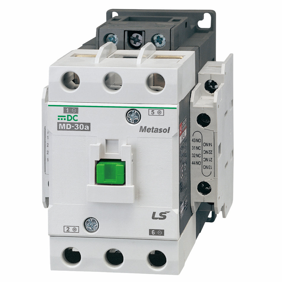 MD-30A DC24V | 2P DC Contactor, 30A (@250VDC) Screw Connection, 2NO/2NC Auxiliary Contacts