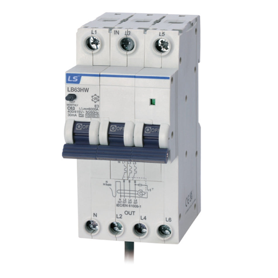 LB63HW 3P+N C63 30mA A-TYPE | RCBO 63A 3P+N 10kA C Curve — LS Electric