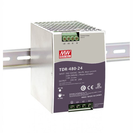 3-Phase 24V 480W 20A Din Mount TDR Series — Mean Well