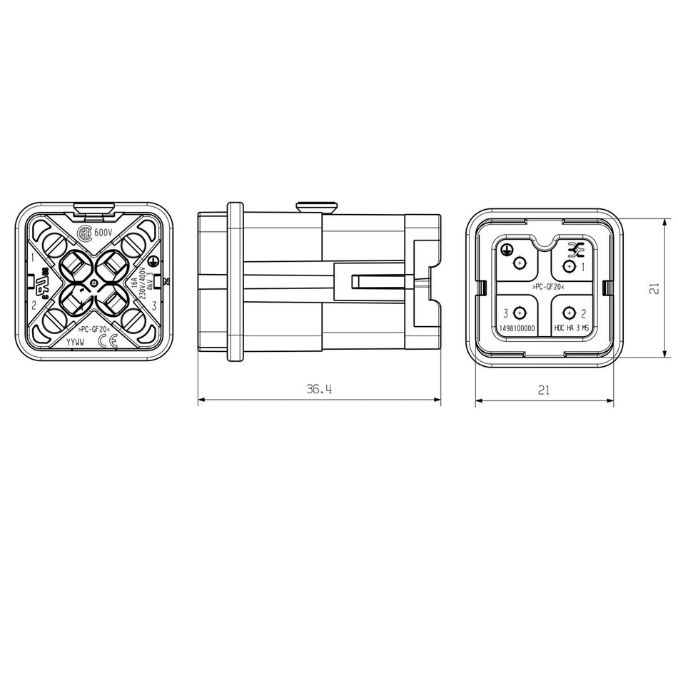 Heavy Duty Connector Insert, Male, 3 Pole + PE, Screw, 16A 400V, Size 1 – Weidmüller HDC HA 3 MS (view 2)