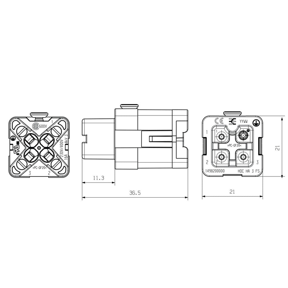 Heavy Duty Connector Insert, Female, 3 Pole + PE, Screw, 16A 400V, Size 1 – Weidmüller HDC HA 3 FS (view 2)