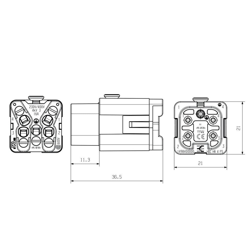Heavy Duty Connector Insert, Female, 4 Pole + PE, Screw, 16A 400V, Size 1 – Weidmüller HDC HA 4 FS (view 2)