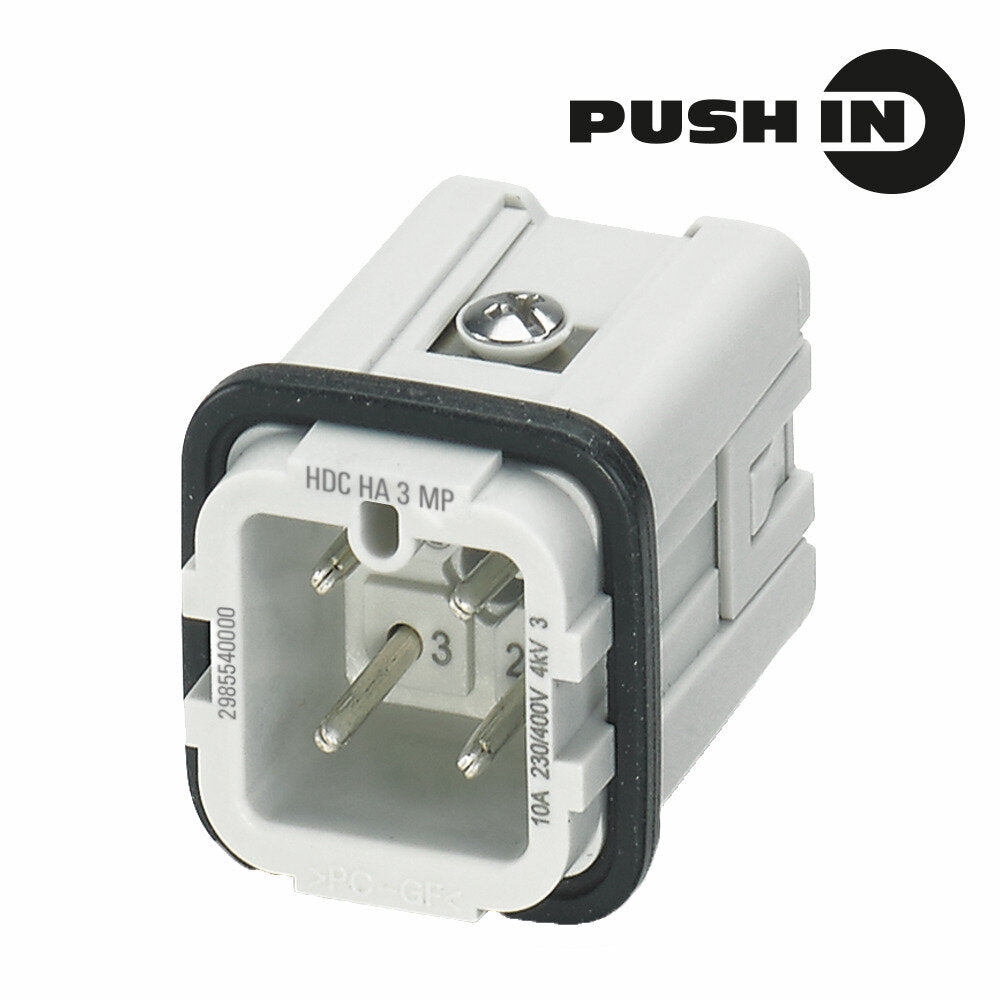 Heavy Duty Connector Insert, Male, 3 Pole + PE, Push-In, 10A 400V, Size 1 – Weidmüller HDC HA 3 MP